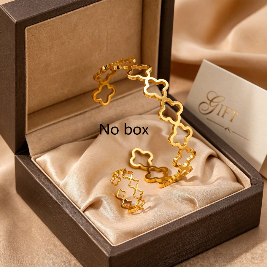 2Pcs Women Hollow Four Leaf Clover Jewelry Set Open Cuff Bangle Bracelet Ring Gold Tone Stainless Steel Hollow Flower Minimalist Luxury Daily Party Gift Jewelry
