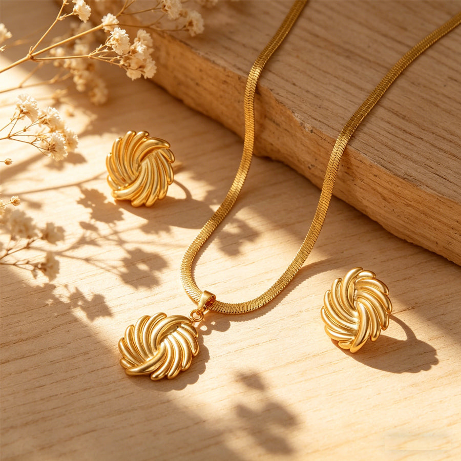 Women Bowknot 3D Puffy Heart Jewelry Set Snake Chain Necklace & Stud Earrings 2Pcs Gold Silver Tone Stainless Steel Romantic Valentine Gift Jewelry