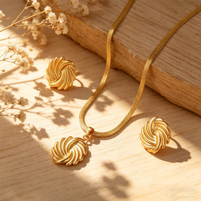 Women Bowknot 3D Puffy Heart Jewelry Set Snake Chain Necklace & Stud Earrings 2Pcs Gold Silver Tone Stainless Steel Romantic Valentine Gift Jewelry