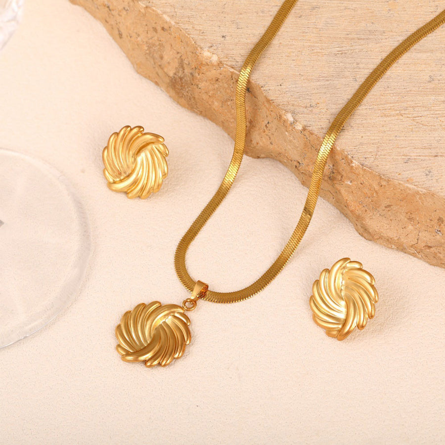 Women Bowknot 3D Puffy Heart Jewelry Set Snake Chain Necklace & Stud Earrings 2Pcs Gold Silver Tone Stainless Steel Romantic Valentine Gift Jewelry