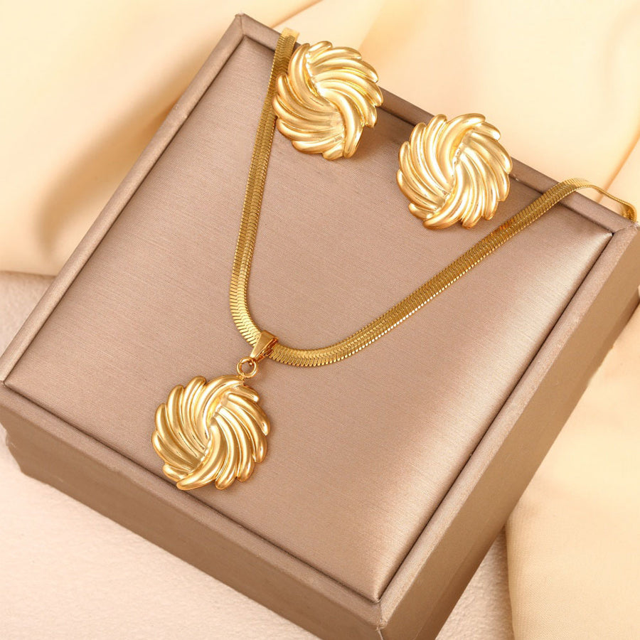 Women Bowknot 3D Puffy Heart Jewelry Set Snake Chain Necklace & Stud Earrings 2Pcs Gold Silver Tone Stainless Steel Romantic Valentine Gift Jewelry