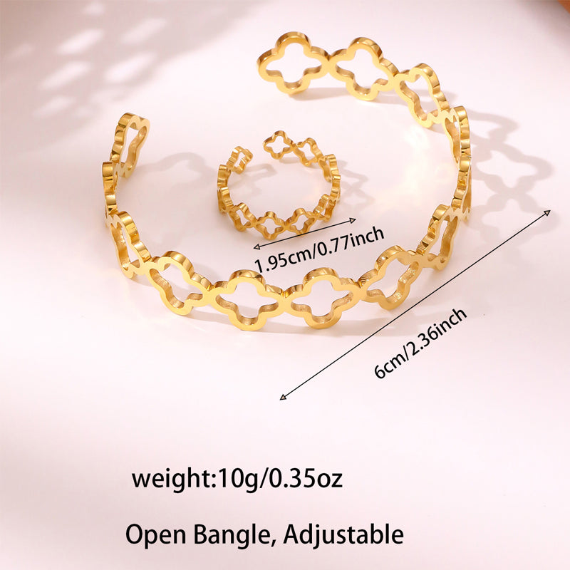 2Pcs Women Hollow Four Leaf Clover Jewelry Set Open Cuff Bangle Bracelet Ring Gold Tone Stainless Steel Hollow Flower Minimalist Luxury Daily Party Gift Jewelry
