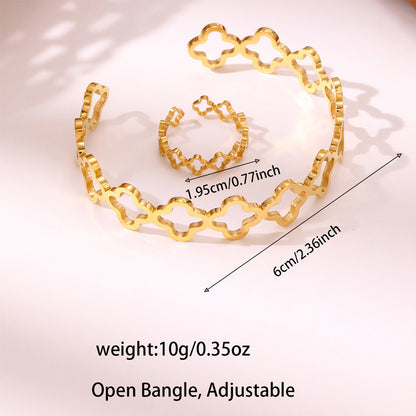 2Pcs Women Hollow Four Leaf Clover Jewelry Set Open Cuff Bangle Bracelet Ring Gold Tone Stainless Steel Hollow Flower Minimalist Luxury Daily Party Gift Jewelry