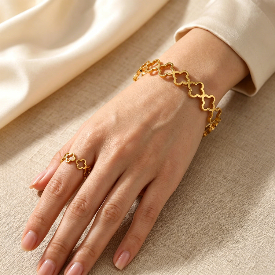 2Pcs Women Hollow Four Leaf Clover Jewelry Set Open Cuff Bangle Bracelet Ring Gold Tone Stainless Steel Hollow Flower Minimalist Luxury Daily Party Gift Jewelry